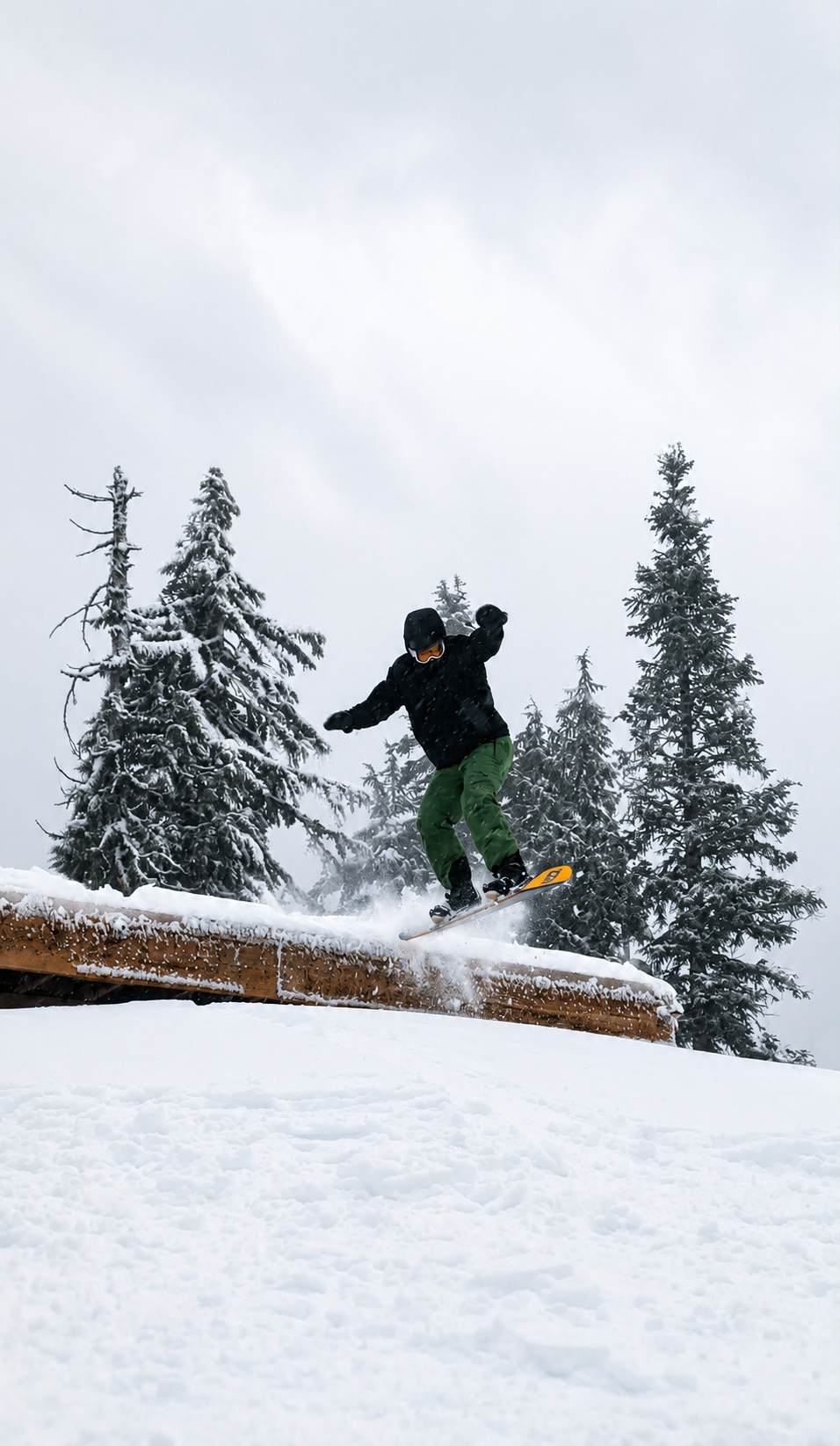 Snowboarder sliding a snow-covered wooden box in the park