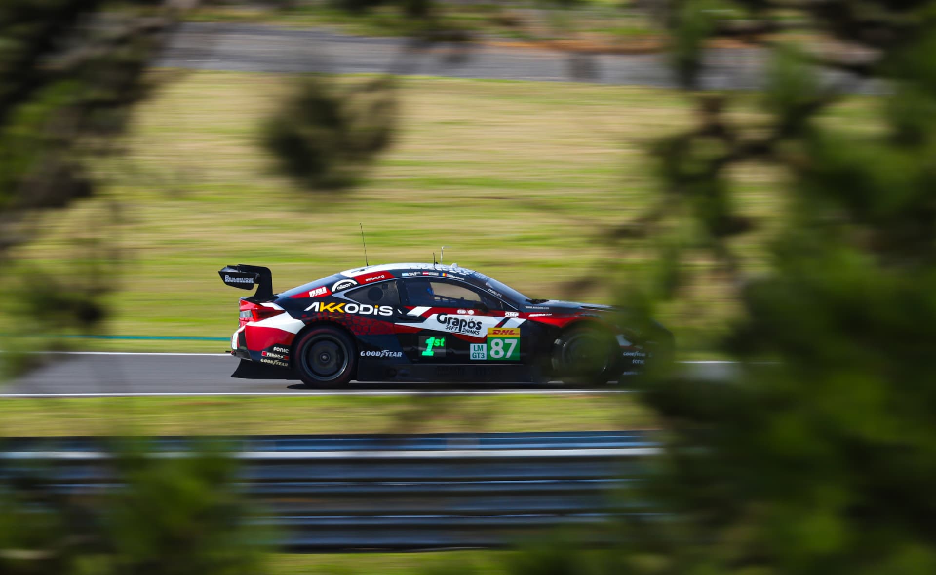 Akkodis Lexus number 87 seen through blurred foliage