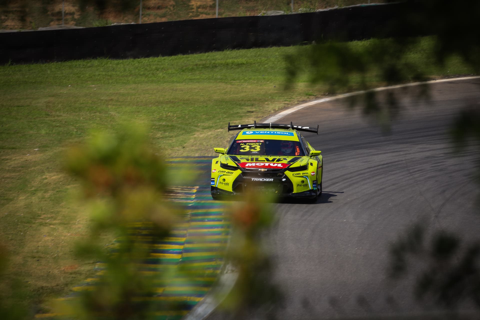 Nelson Piquet Jr's yellow stock car seen through foliage at the apex